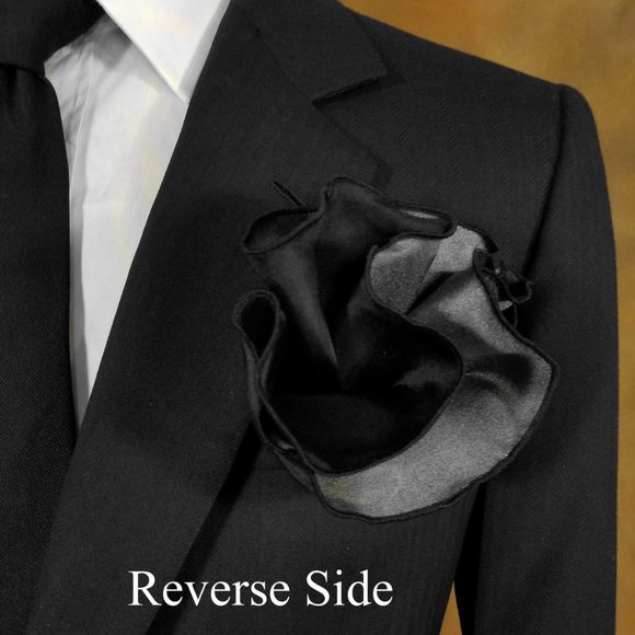 NEW - 100% Silk - Two Sided Black & Charcoal Pouf Round Pocket Square - Picture 6 of 10